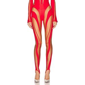Mugler Sheer Spiral Leggings Red & Nude Mesh  02